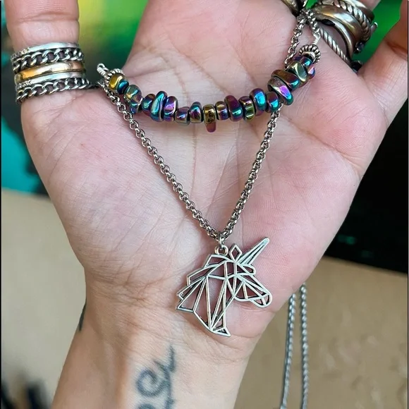 Double layer unicorn rainbow stones stainless steel adjustable choker necklace - Picture 8 of 12